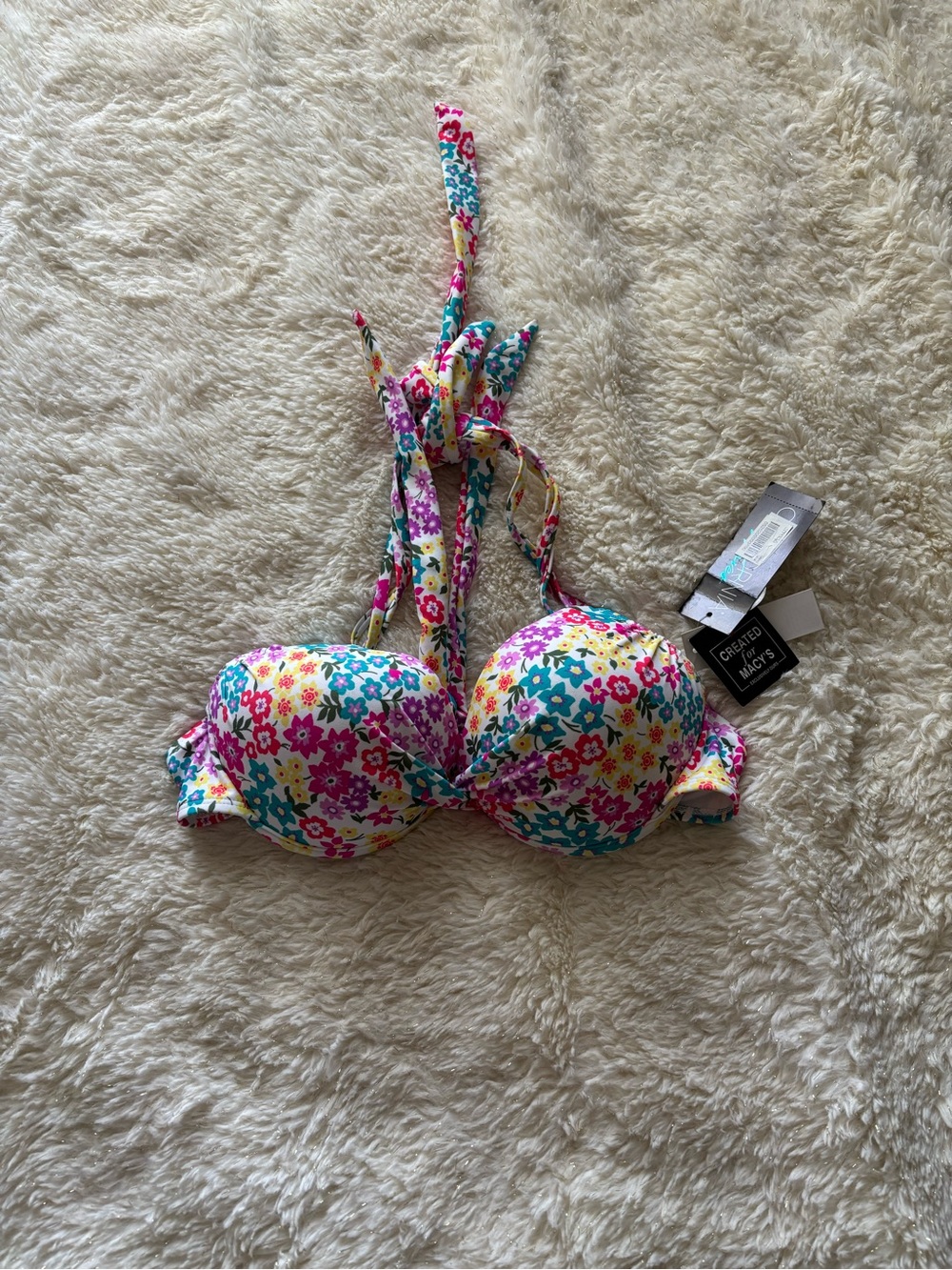 California Waves Pink Teal Yellow Floral Bikini Top